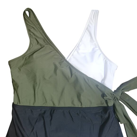NWT Cupshe Olive Swimsuit Colorblock Tri Color Faux Wrap One Piece Large Vneck - Picture 2 of 10